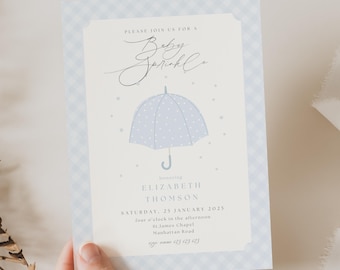 Vichy d'invitation pour bébé garçon, saupoudrer d'invitation pour baby shower, shower de bébé avec parapluie, invitation baby shower modifiable par saupoudrer de bébé, UW01
