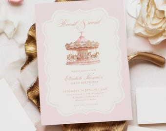 Invitación de cumpleaños con temática de carrusel rosa pastel, carnaval, vuelta y vuelta (plantilla editable)
