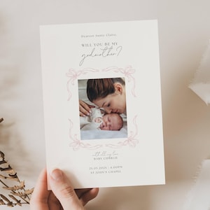 Plantilla de propuesta de matrimonio para madrina, tarjeta imprimible con foto minimalista, propuesta de bautismo moderna y editable, GM01