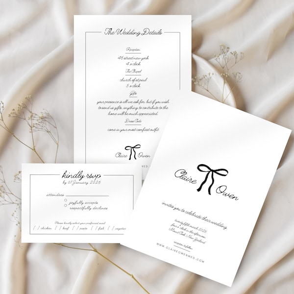 Handwritten Wedding Invitation Suite, Wedding Invitation Template Bow, Hand Drawn Invitation Suite, Modern Minimalist Wedding Invite, WD01
