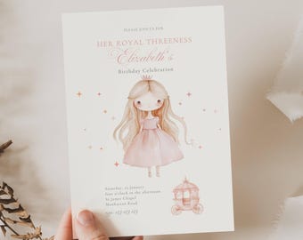 Princess 3rd Birthday Invitation: Her Royal Threeness, Royal Fairytale Party (Editable Template)