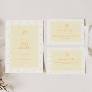 Yellow Baby Shower Invitation: Whimsical Bow (Editable Template), Lemon Yellow, Handrawn, Gender Neutral, Wavy Border Yellow Baby Shower Invitation Template