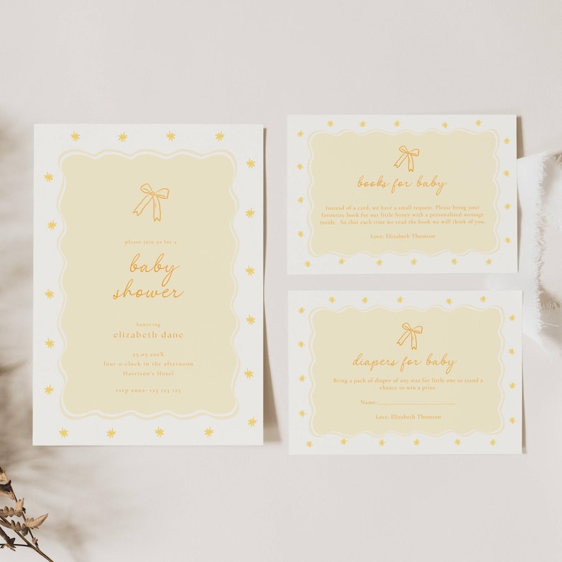 Yellow Baby Shower Invitation: Whimsical Bow (Editable Template), Lemon Yellow, Handrawn, Gender Neutral, Wavy Border Yellow Baby Shower Invitation Template