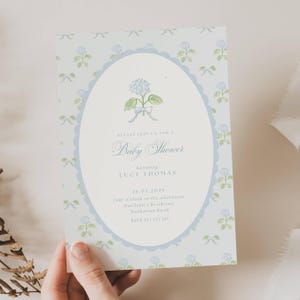 Blue Hydrangea Baby Shower Invitation, Blue Baby in Bloom Invitation, Blue Florals Baby Shower Invite, Blue Hydrangea Boy Baby Shower, FB02