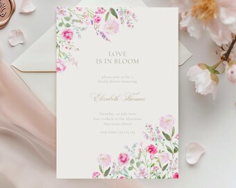 Hot Pink Wildflowers Bridal Shower Invitation: Love in Bloom, Bright, Vibrant, Florals (Editable Template)