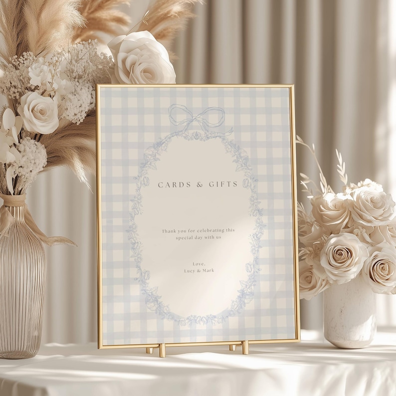Blue Gingham Baby Shower Table Signs, Classic Gingham Boy Baby Shower Table Sign, Light Blue Plaid Baby Shower Table Sign, Cards and Gift Baby Shower Blue Gingham Sign Template