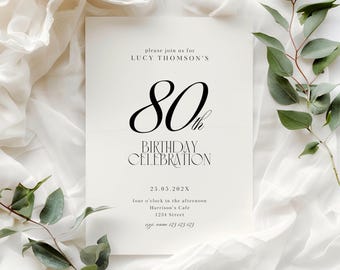 80th Birthday Invitation Template, Minimalist 80th Birthday Invitation, Modern 80th Birthday Invite, Simple 80th Invitation Template