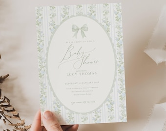 Grandmillenial Baby Shower Invitation: Blue and Sage Green Florals, Vintage Classic (Editable Template)