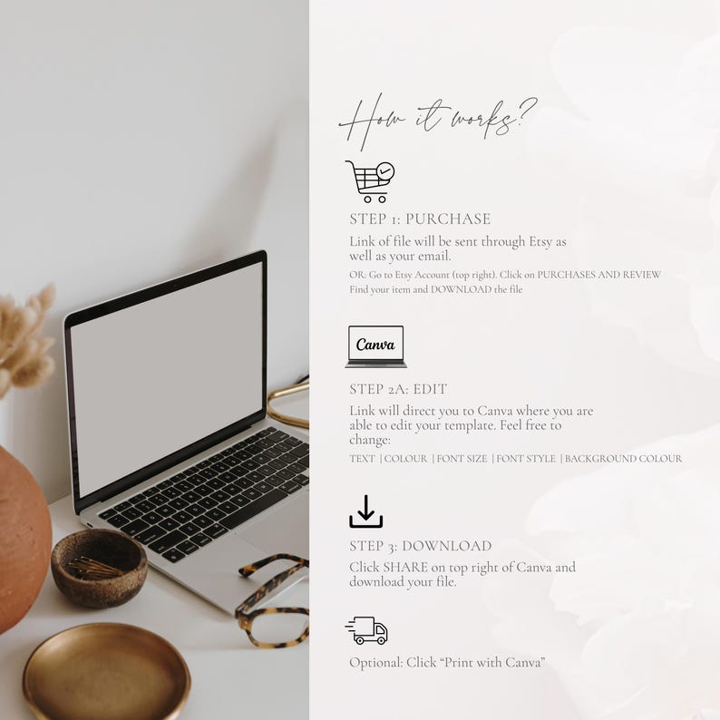 May include: A laptop with a blank screen sits on a white desk, next to a pair of eyeglasses and decorative bowls. The image includes text that reads "How it works?" and instructions for purchasing, editing, and downloading a file.