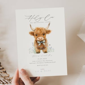 Invito per baby shower con mucca delle Highlands, invito per baby shower con mucca delle Highlands Boho, oh santo cielo, stiamo per avere un maschietto, baby shower con mucca, CP01