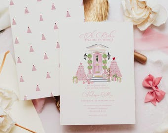 Pink Christmas Tree Baby Shower Invitation: Baby It's Cold Outside, Grandmillenial (Editable Template)