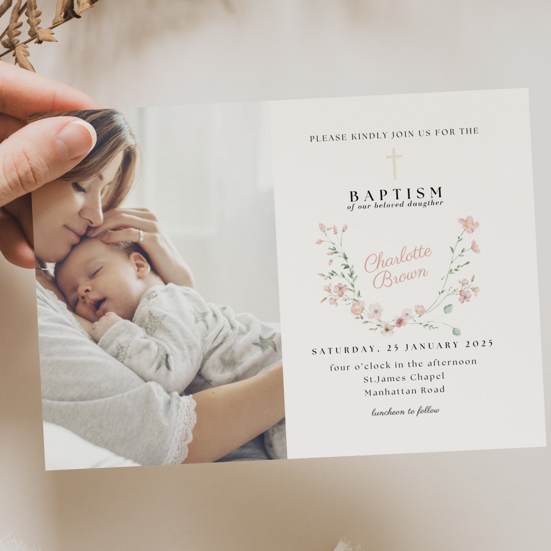 Pink Girl Photo Baptism Invitation Template, Baptism Invitation Girl