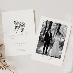 Tarjeta de invitación para guardar la fecha con champán dibujada a mano con foto, plantilla para guardar la fecha con imagen, invitación para guardar la fecha con champán, elegante, SD02