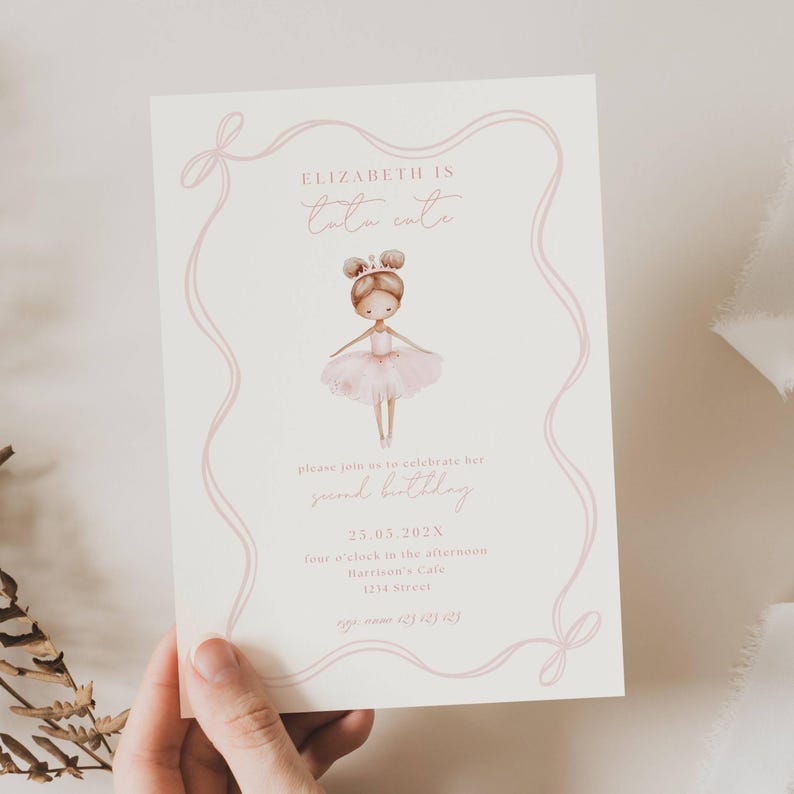 Tutu Cute 2nd Birthday Invitation, Tutu Cute Birthday Invitation, Pink Ballerina Invite, Ballet Pink Birthday Invitation, Pink Tutu Birthday Invitation Template, Ballerina Birthday with Bow Invitation Template