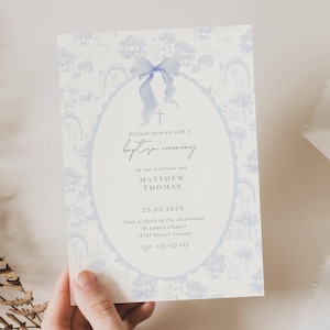 Toile De Jouy Invitación Bautismo, Azul Toile De Jouy Bautismo Invitar Niño, Invitación de Bautismo Vintage Azul, Bautizo Vintage Azul, BP01