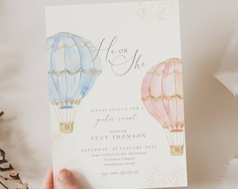 Gender Reveal Invitation Template, Boy or Girl Pink Blue Hot Air Balloon, Hot Air Balloon Gender Reveal Invite, He or She Baby Shower