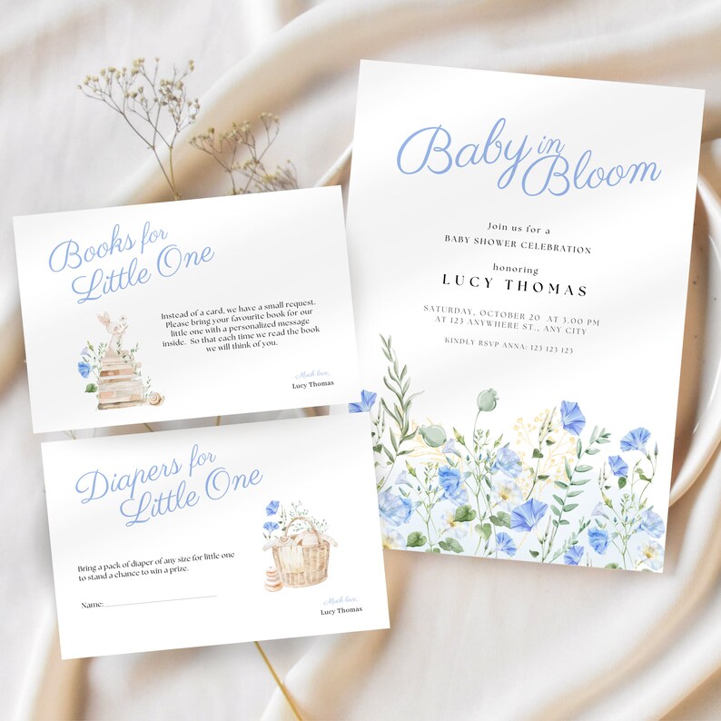 Baby in Bloom Blue Baby Shower Printable, Baby in Bloom Baby Shower ...