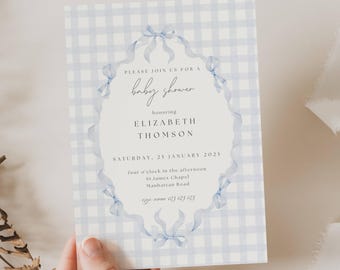Blauwe pastel babyshower uitnodiging, klassieke pastel jongen babyshower uitnodigen, lichtblauwe geruite babyshower uitnodigen, pastel baby strooi, GH