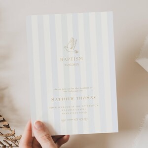 May include: Baptism invitation with a light blue and white striped background. The invitation includes the word "Baptism" and the date "25.05.202X". A dove illustration is at the top. The invitation also includes the name "MATTHEW THOMAS" and other details.