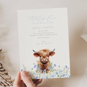 Invito per baby shower a tema mucca delle Highlands, inviti per baby shower a tema mucca delle Highlands Boho, oh santo cielo stiamo per avere un bambino, baby shower a tema mucca CP01
