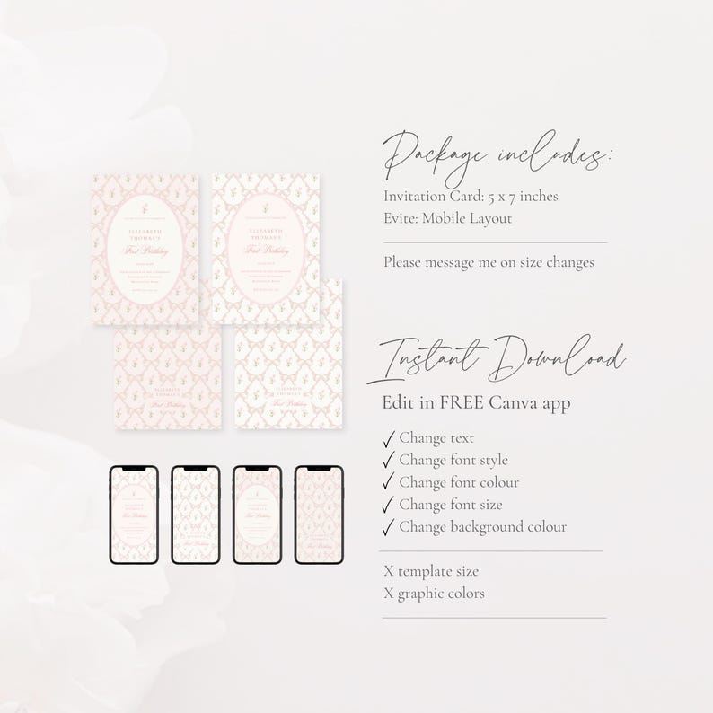 Vintage Pink Bow Floral Birthday Invitation, Elegant Coquette Bow Floral Birthday Invitation, First Birthday Preppy Bow Birthday Invitation Template, Canva Editable Template