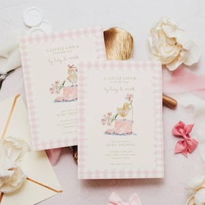 Chicken Baby Shower Invite: Little Chick About To Hatch, Floral Spring (Editable Template) Pink Gingham