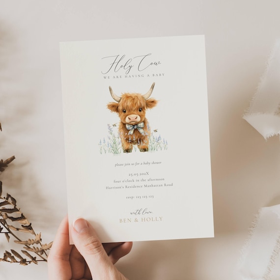 Highland Cow Baby Boy Invite Baby Shower, Boho Highland Cow Baby Shower Invite, Oh Holy Cow We Are Having a Baby Boy, Cow Baby Shower
