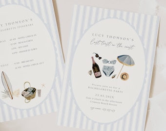May include: A blue and white striped invitation for a bachelorette party with the text "Lucy Thomson's Last Toast on the Coast" and the date "25.05.202X". The invitation features a watercolor illustration of a champagne bottle, sunglasses, a swimsuit, and an umbrella.