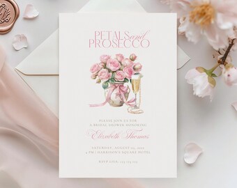May include: A bridal shower invitation with the text "Petals and Prosecco" in pink script. The invitation features a watercolor illustration of pink roses, a champagne flute, and a pearl necklace. The invitation also includes the name "Elizabeth Thomas" and event details.