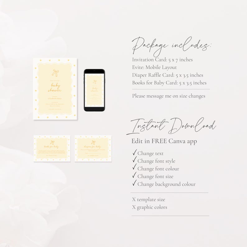 Yellow Baby Shower Invitation: Whimsical Bow (Editable Template), Lemon Yellow, Handrawn, Gender Neutral, Wavy Border Yellow Baby Shower Invitation Template, Canva Editable Template