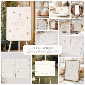 May include: A collage of baby shower stationery and decorations. Includes a welcome sign, invitation cards, cupcake toppers, and a framed sign. The theme is "Little Sprout" with watercolor illustrations of fruits and vegetables.