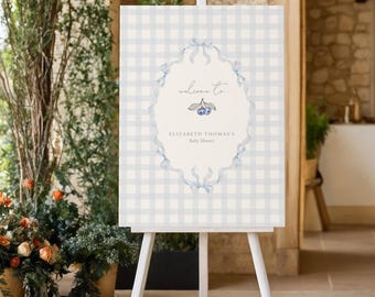 Blueberry Baby Shower Welcome Sign: Berry Sweet Baby, Little Berry On The Way, Blue Gingham (Editable Template)