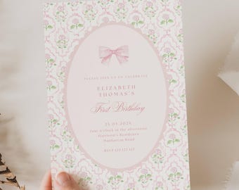 Vintage Pink Bow Floral Birthday Invitation, Elegant Coquette Bow Floral Birthday Invitation, First Birthday Preppy Bow Birthday Invite, FBD