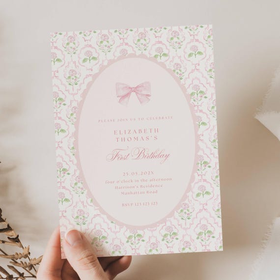 Vintage Pink Bow Floral Birthday Invitation, Elegant Coquette Bow Floral Birthday Invitation, First Birthday Preppy Bow Birthday Invite, FBD