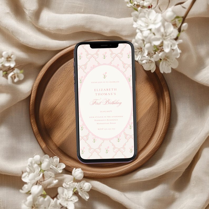 Vintage Pink Bow Floral Birthday Invitation, Elegant Coquette Bow Floral Birthday Invitation, First Birthday Preppy Bow Birthday Invitation Template, Digital Download