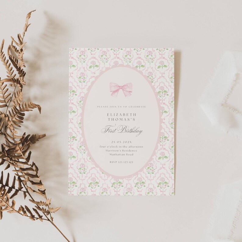 Vintage Pink Bow Floral Birthday Invitation, Elegant Coquette Bow Floral Birthday Invitation, First Birthday Preppy Bow Birthday Invite, FBD