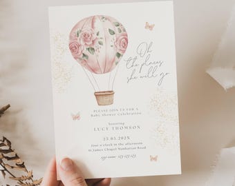 Pink Hot Air Balloon Baby Shower Invitation: Oh The Places She Will Go (Editable Template), Adventure Awaits, Cloud Nine