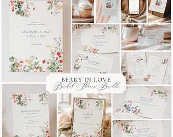 May include: A collection of bridal shower stationery with floral and berry designs. Includes invitations, thank you cards, a sign, and cupcake toppers. The text includes the words "Berry in Love" and the names "Elizabeth Thomas".