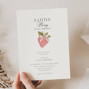 Strawberry Baby Shower Invitation, A Sweet Berry Is On The Way Baby Shower Invitation, Pink Strawberry Baby Shower Invitation, Coquette FR01