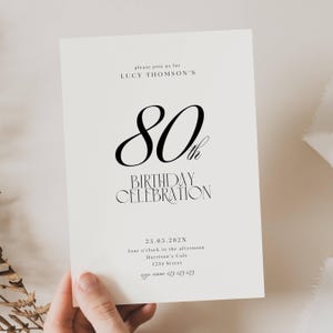 80th Birthday Invitation Template, Minimalist 80th Birthday Invitation, Modern 80th Birthday Invite, Simple 80th Invitation Template, AB02