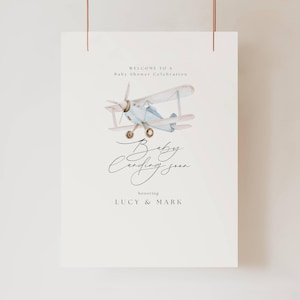 Vintage vliegtuig babyshower welkomstposter, landing binnenkort babyshower uitnodigen, vliegtuig babyshower uitnodigen, blauwe vliegtuig landing binnenkort, AH11