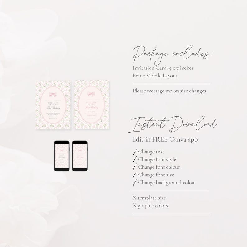 Vintage Pink Bow Floral Birthday Invitation, Elegant Coquette Bow Floral Birthday Invitation, First Birthday Preppy Bow Birthday Invite, FBD