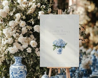 Blue Hydrangea Bridal Shower Welcome Sign: Toile, Blue Floral (Editable Template)