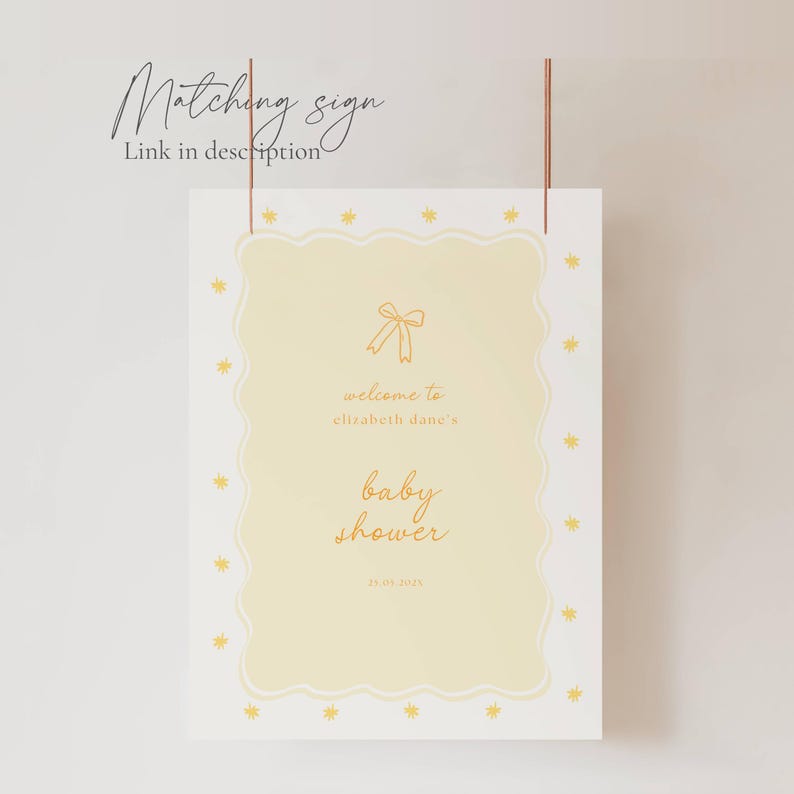 Yellow Baby Shower Invitation: Whimsical Bow (Editable Template), Lemon Yellow, Handrawn, Gender Neutral, Wavy Border Yellow Baby Shower Invitation Template