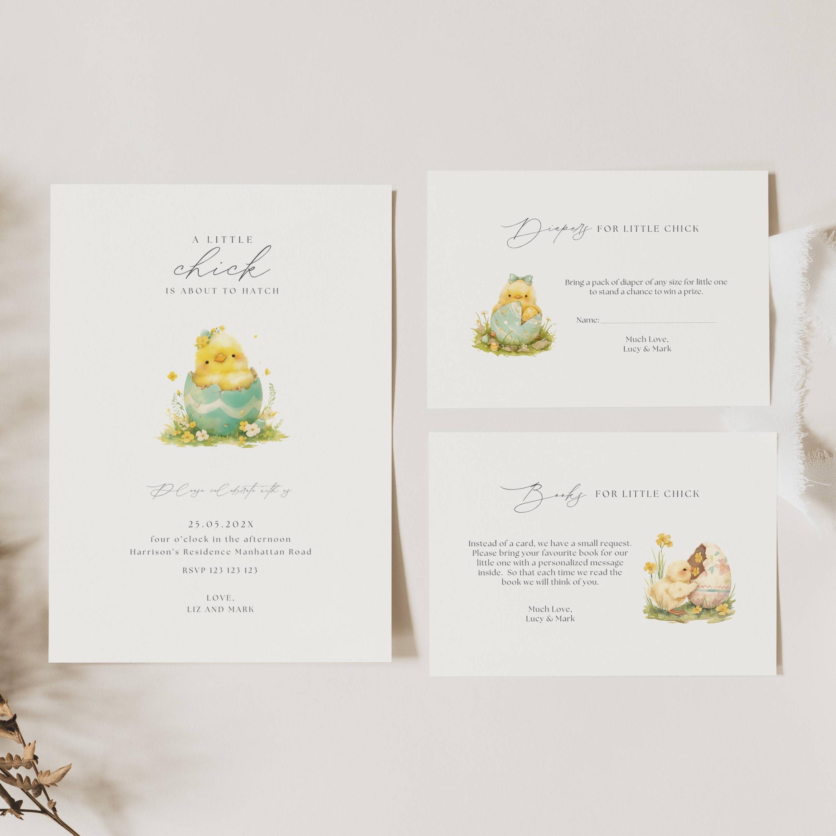 Invitación para baby shower de pollitos, un pollito está a punto de nacer,  invitación para baby shower de primavera de pollitos, baby shower floral de  pollitos, BY01, image size:2700x2700