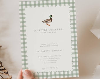 Wilde eend groene pastel babyshower uitnodiging, babyshower klein eendje, een beetje kwakereend is onderweg babyshower uitnodigen