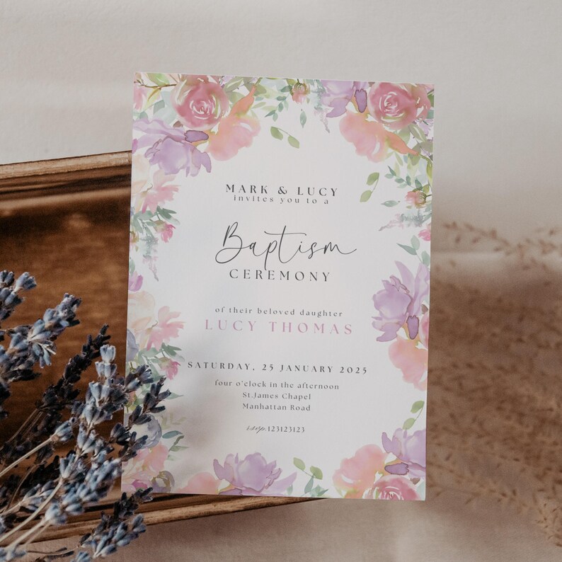 Baptism Invitation Girl Template Rustic Pink Flowers, Editable Pink