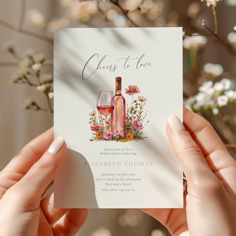 Vino Before Vows Bridal Shower Invitation: Wine Theme (Editable Template), Floral Vino Before Vows Bridal Shower Invitation Template