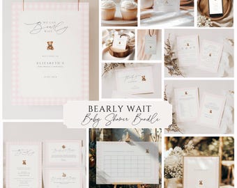 Könnte beinhalten: Eine Collage von Babyparty-Papeterie und Dekorationen in Rosa und Weiß. Artikel umfassen ein Willkommensschild, Einladungen, Dankeskarten, Cupcake-Topper und einen Kalender. Das Thema ist "Bearly Wait" mit einer Teddybär-Grafik.