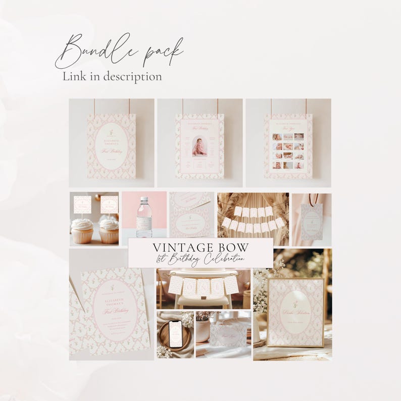 Vintage Pink Bow Floral Birthday Invitation, Elegant Coquette Bow Floral Birthday Invitation, First Birthday Preppy Bow Birthday Invitation Template